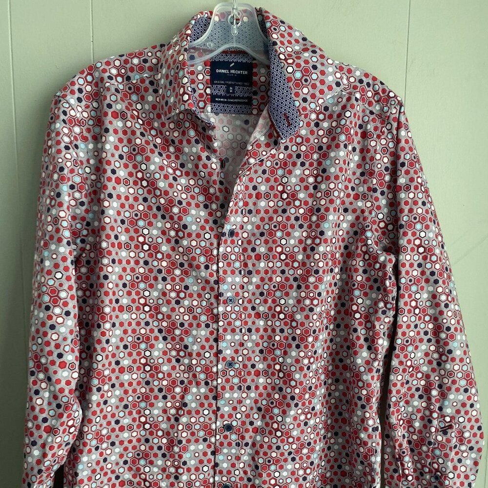 Daniel Hechter Non Iron Geometric Red Button Down Long Sleeve Mens Size Medium